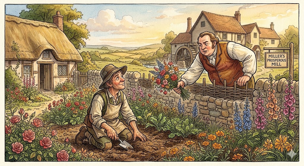 Little Hans gardening in cottage while selfish Miller picks flowers from his garden Oscar Wilde short story about friendship