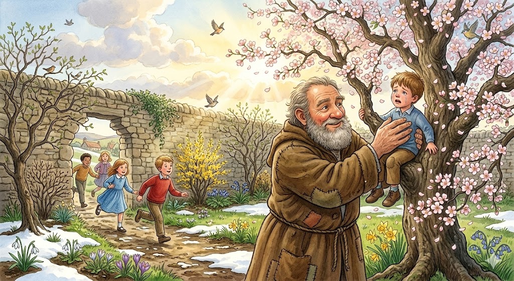 Selfish Giant lifting little boy into tree with pink blossoms children running into garden spring arriving Oscar Wilde story