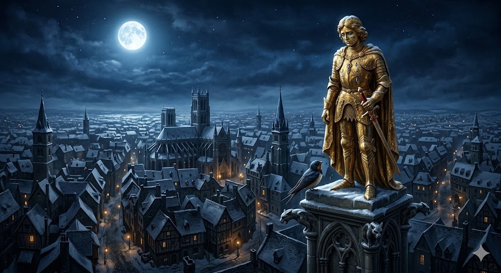 The Happy Prince golden statue weeping on tall column with little swallow sitting at his feet snowy city at night Oscar Wilde classic story