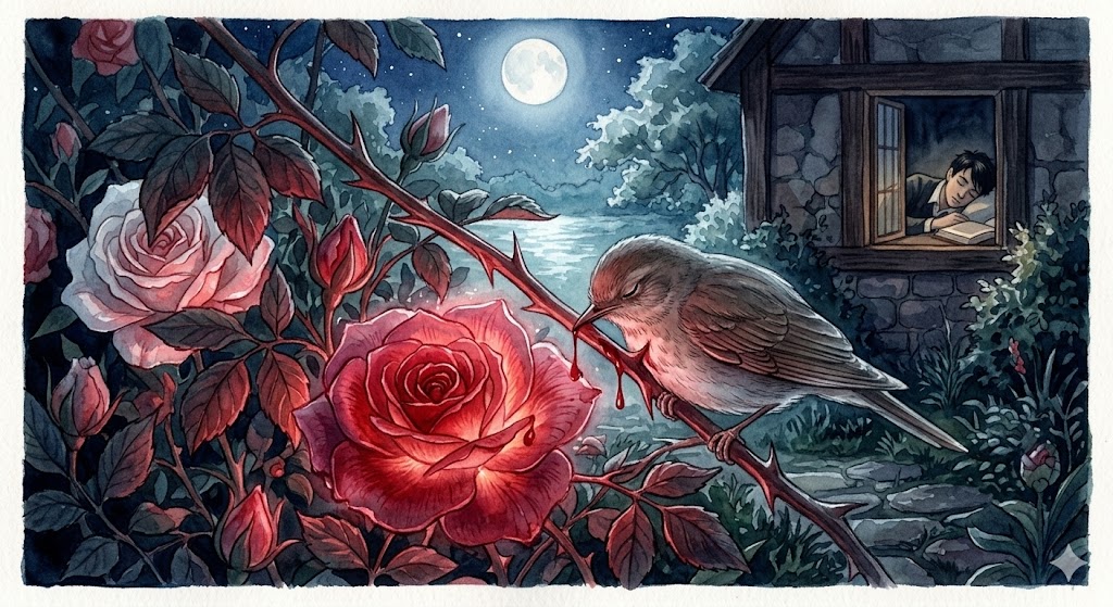 Nightingale pressing her breast against thorn to create red rose with blood moonlight garden student sleeping Oscar Wilde fairy tale