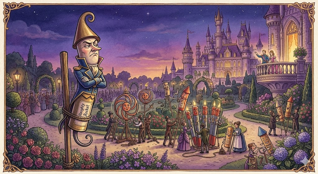 Proud Remarkable Rocket tied to stick in royal garden with other fireworks and castle background Oscar Wilde satire story