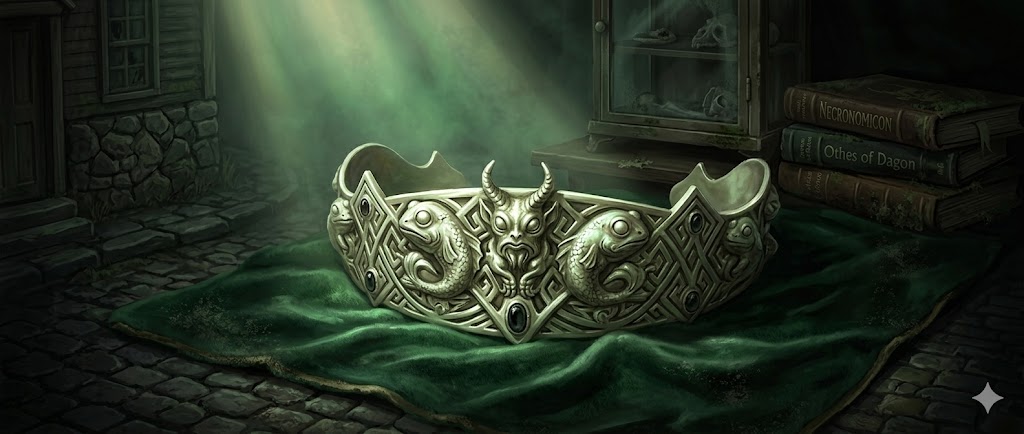 Ancient strange tiara whitish-gold metal with half-fish half-frog creature reliefs Innsmouth museum H.P. Lovecraft The Shadow Over Innsmouth artifact