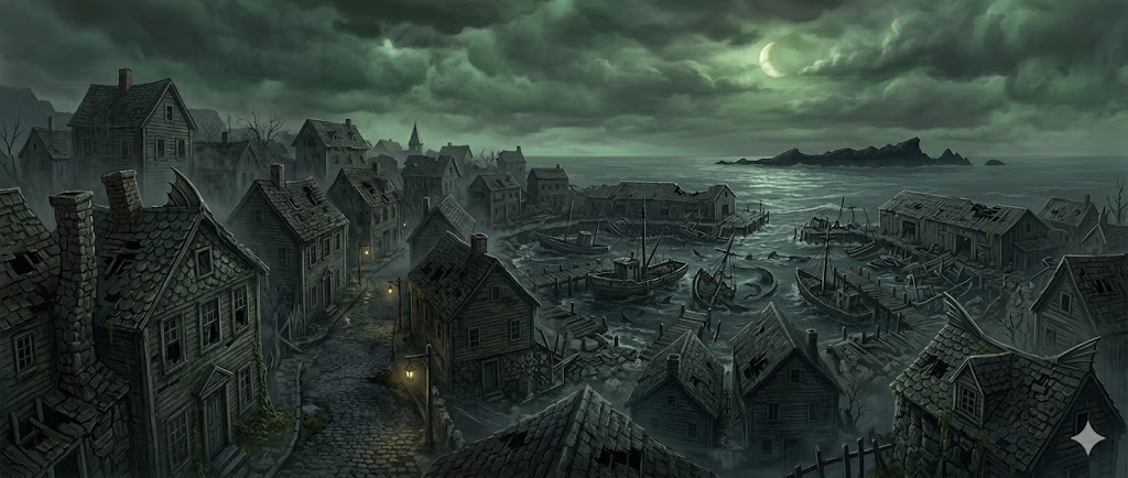 Panoramic view of decaying Innsmouth valley crumbling rooftops abandoned harbor Devil Reef distant H.P. Lovecraft The Shadow Over Innsmouth