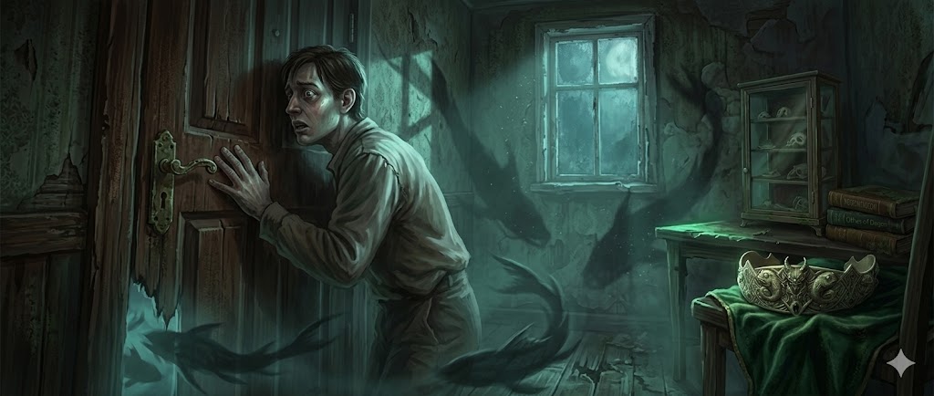 Old ragged man Zadok Allen with bushy white beard whispering terrifying tale whiskey bottle ruined wharf Devil Reef background The Shadow Over Innsmouth