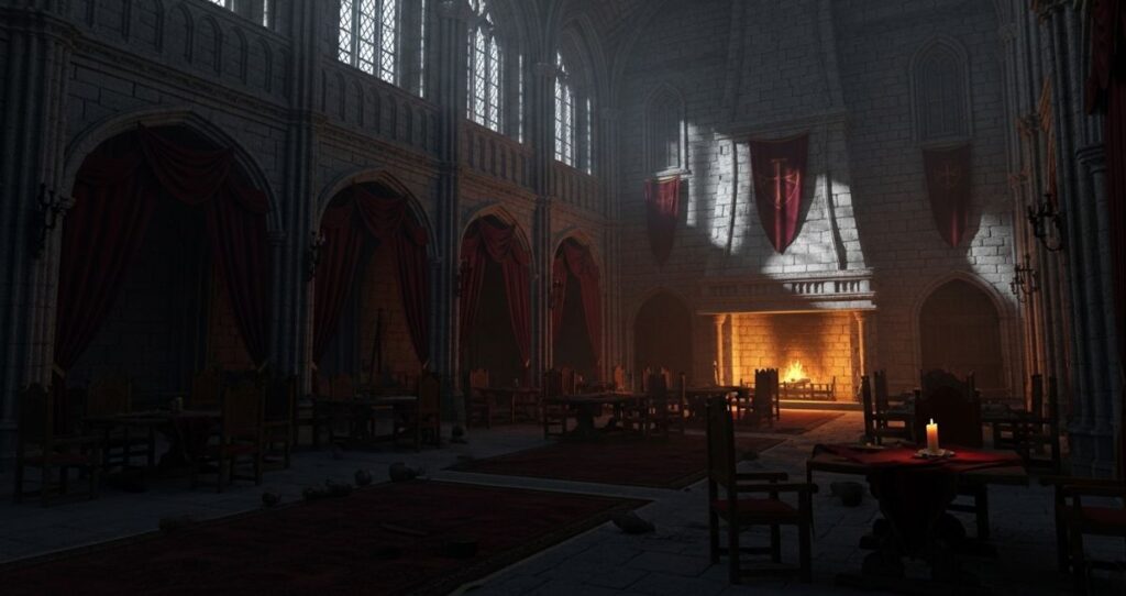 Dark interior of a vast stone castle hall with a flickering fireplace, medieval furniture, red velvet drapes, and dust-covered surfaces, showing the ancient prison where Jonathan Harker stayed.