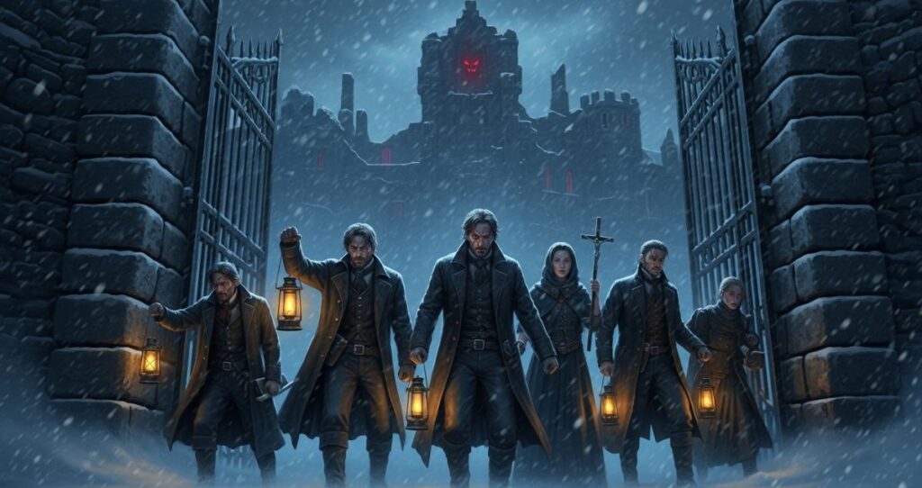 Victorian-era hunters holding lanterns and crucifixes stand at a ruined castle gate during a blizzard, with a faint red glow from a high window, depicting the final pursuit of Count Dracula.