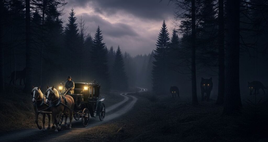 A vintage horse-drawn carriage travels through a dark Carpathian forest at twilight, with wolves visible as shadows among the trees, depicting Jonathan Harker's journey to Castle Dracula.