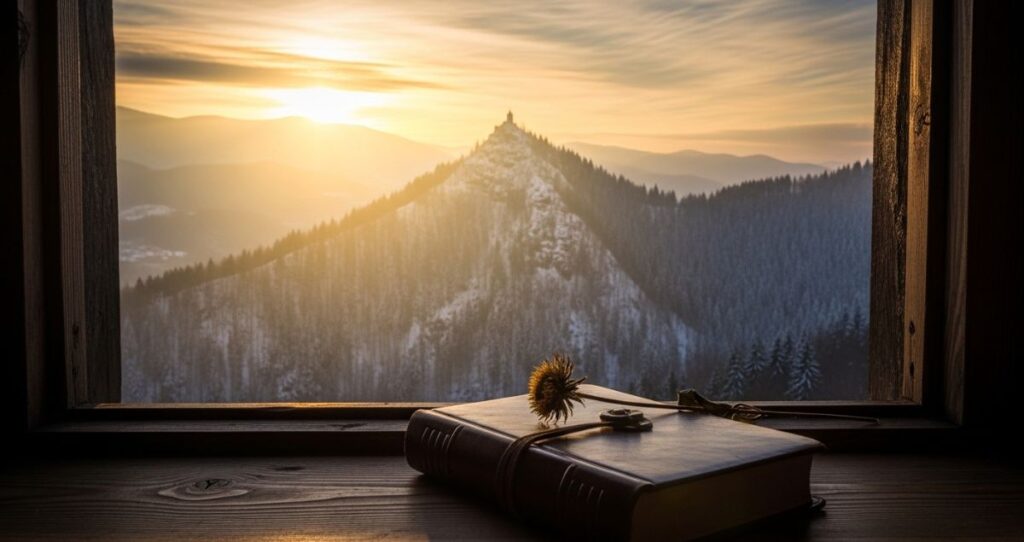 Sunrise over the Carpathian Mountains with golden light hitting a distant castle peak, fresh snow glistening, and an old leather journal with dried wildflower on a wooden windowsill, symbolizing peace after the storm.